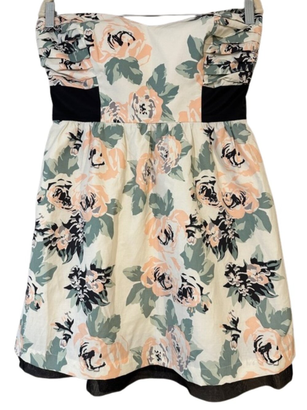 G by Guess Strapless Floral Mini Dress Sweetheart Neckline Black Panels